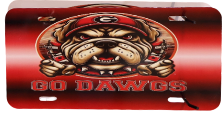 Red license plate with a bulldog graphic and 'GO DAWGS' text on a red background