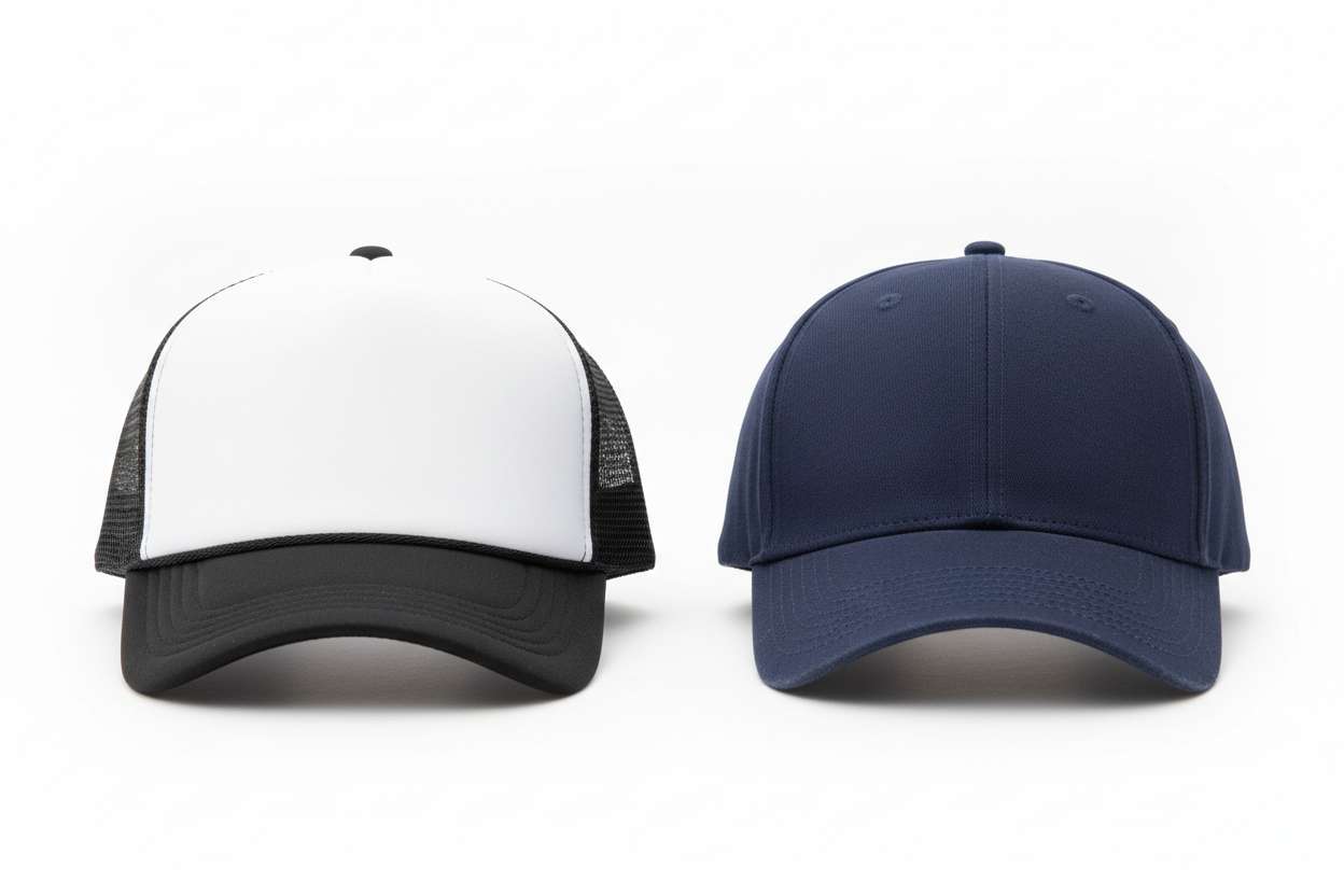 Customizable hat, have a trucker style hat and a regular baseball cap