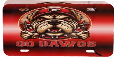 Red license plate with a bulldog graphic and 'GO DAWGS' text on a red background