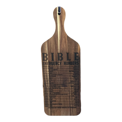 "Bible Emergency Numbers" cutting board