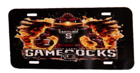 License plate with flames and 'Gamecocks' branding on a black background