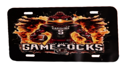 License plate with flames and 'Gamecocks' branding on a black background